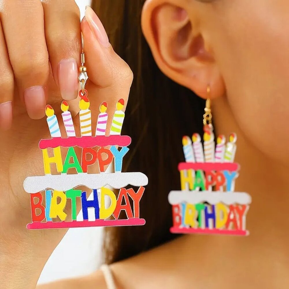 Happy Birthday Cake & Candle Acrylic Artsy Earrings